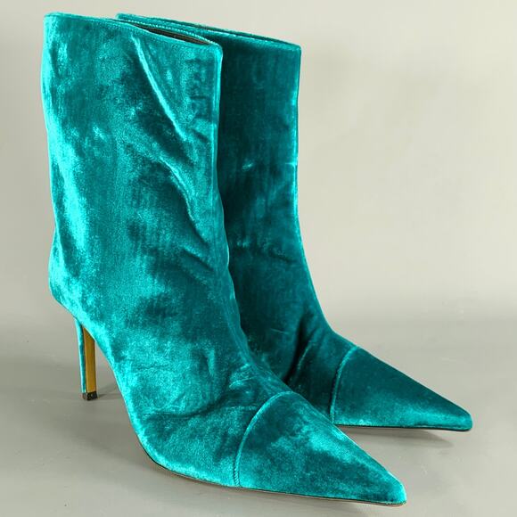 ALEXANDRE VAUTHIER Size 7 Blue Green Velvet Pointed Toe Boots - Picture 1 of 10